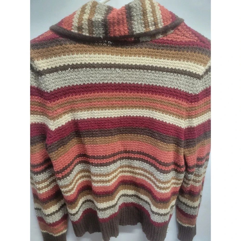 Christopher & Banks Striped Zip Up Cardigan Shawl Collar Brown Red Medium